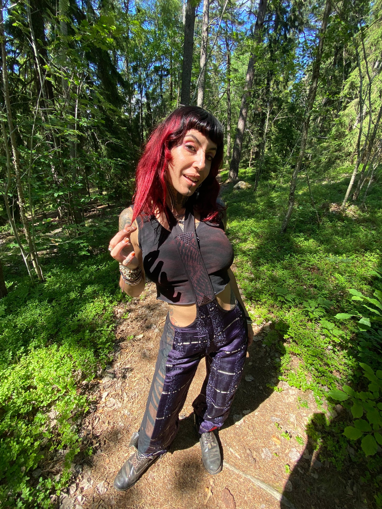 Silk suspender pants in purple
