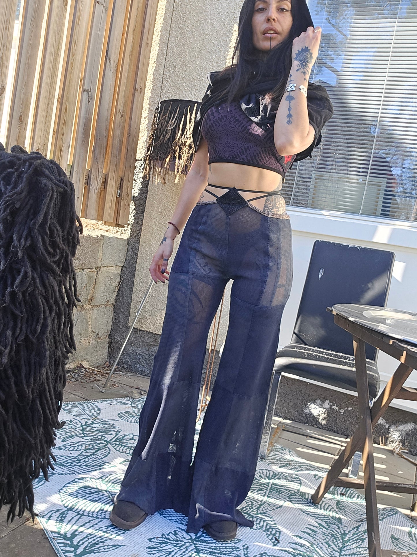 Upcycled Black Grey net wide pants