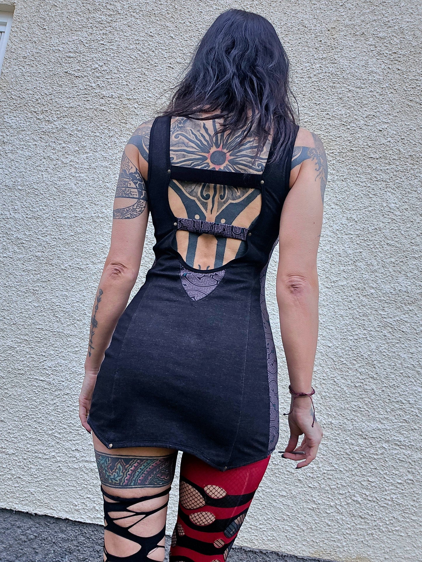 Stretchy denim dress with ayahuaska print